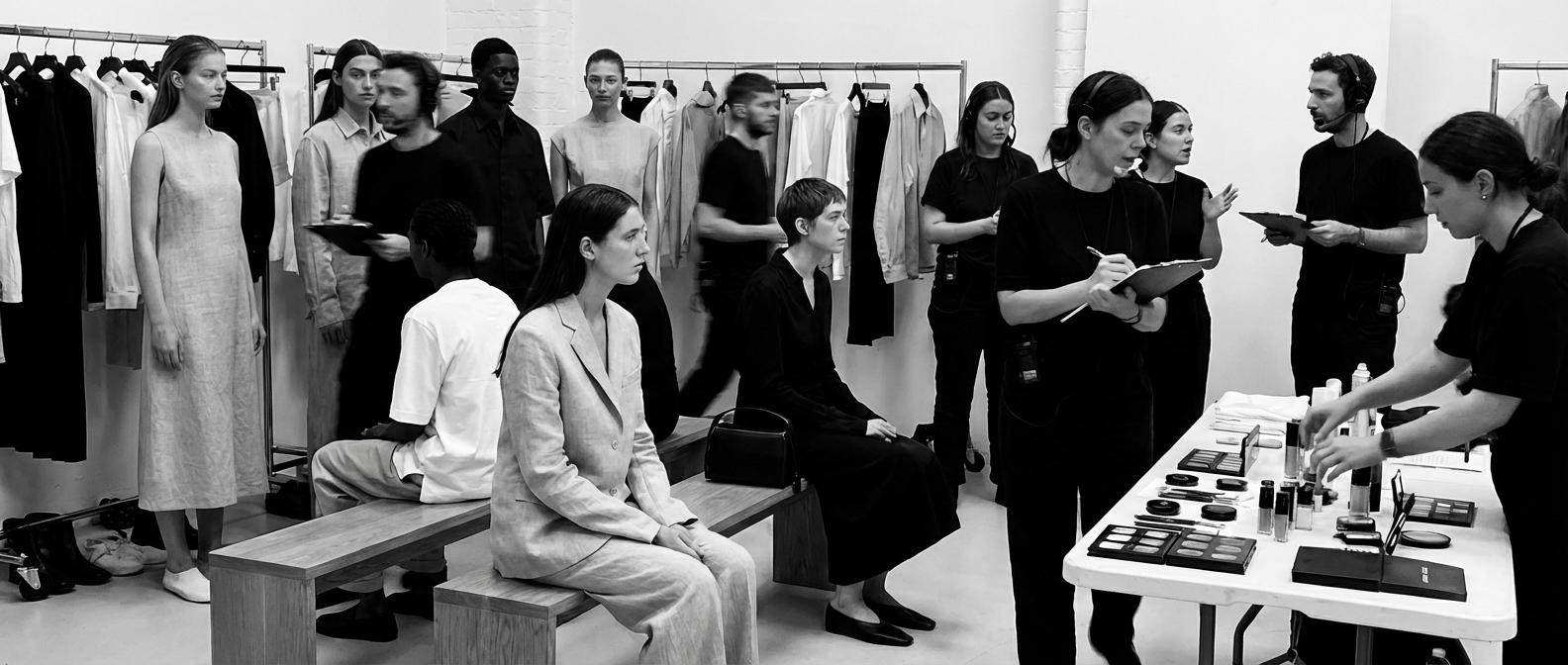 Models and staff backstage at the Jil Sander S/S 25 fashion show.